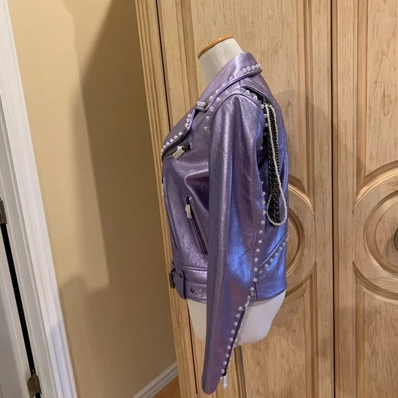 JOCELYN women's leather moto jacket metallic Lilac with chain Size XS NWT $650 - Picture 3 of 5
